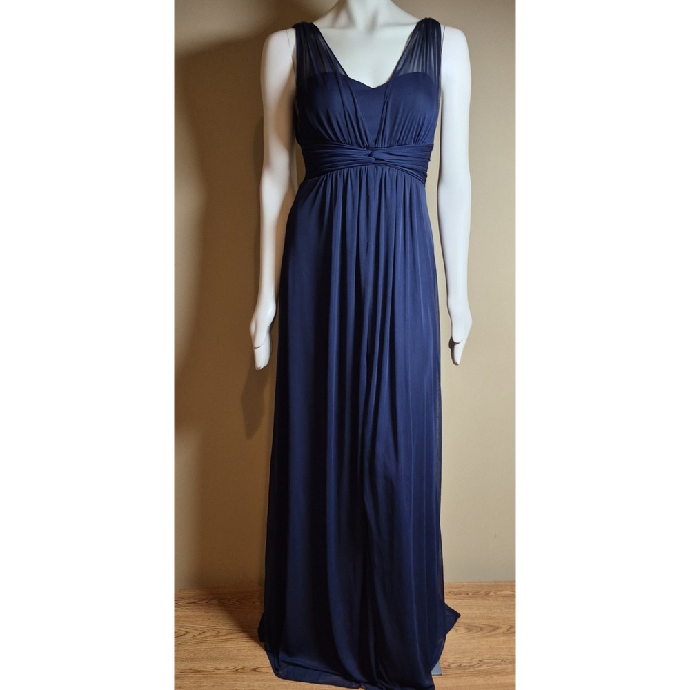 Navy Blue Sleeveless V-Neck Empire Waist Mesh Strap Maxi Gown Dress